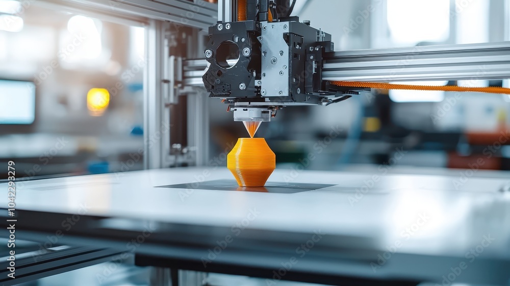 Poster close-up of a 3d printer creating a geometric orange object in a modern workshop, showcasing advance