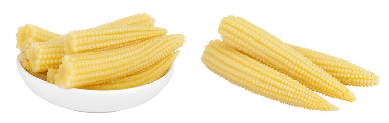 Pickled young baby corn cobs in ceramic bowl isolated on white background
