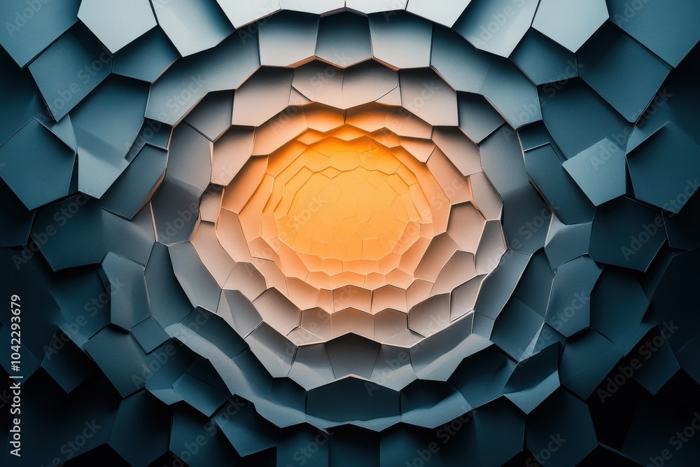 Aufkleber layered hexagons create a mesmerizing geometric abstraction, decreasing towards a warm orange center