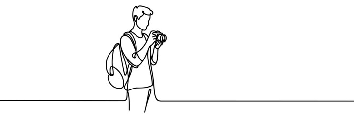 Continuous one line drawing photographer taking pictures. Photo vector illustration