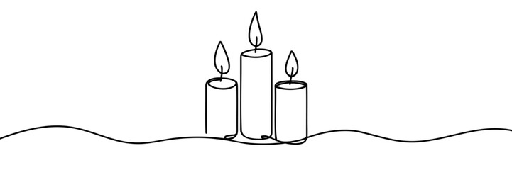 One line continuous three candle. Silhouette of burning memorial ceremony church tradition. Digital white single line sketch drawing vector illustration
