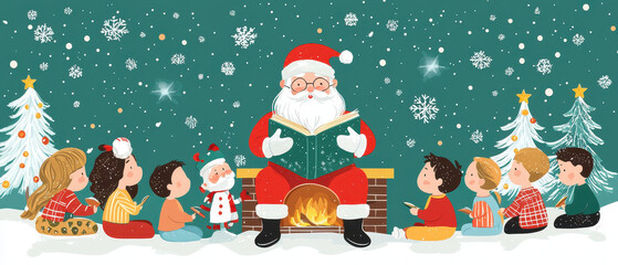 Santa Claus reads a festive story by the fireplace, surrounded by children and decorated Christmas trees amidst falling snowflakes.