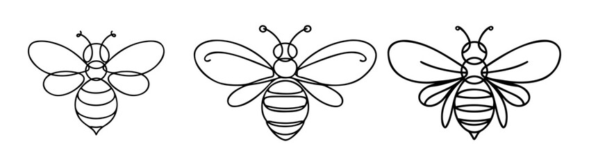 Honey bee set continuous one line drawing. Honeybee insect single line art illustration. Editable vector.
