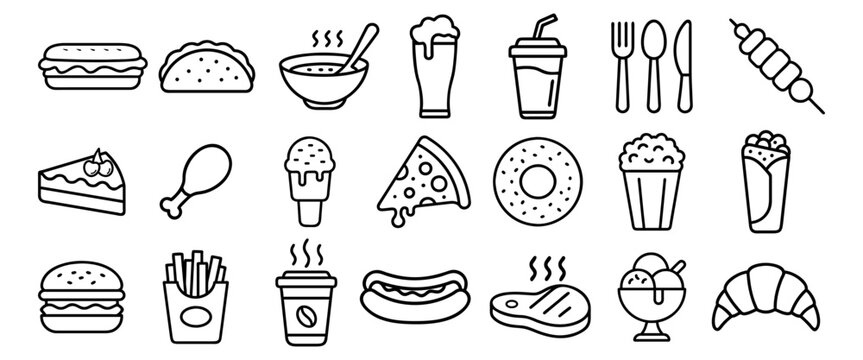 Fast food flat line icons set. Burger, fast snacks, sandwich, french fries, hot dog, mexican burrito, pizza vector illustrations. Thin signs for restaurant menu.