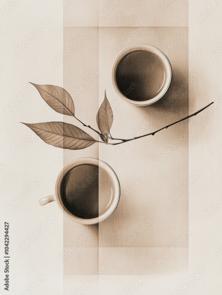 Poster Two steaming cups of tea are accompanied by delicate tea leaves, creating a peaceful atmosphere inviting relaxation and enjoyment. Generative AI