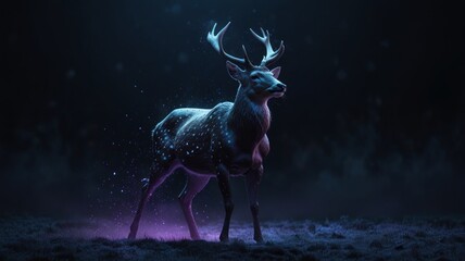 A majestic deer with glowing antlers stands in a field of white, illuminated by a blue light.
