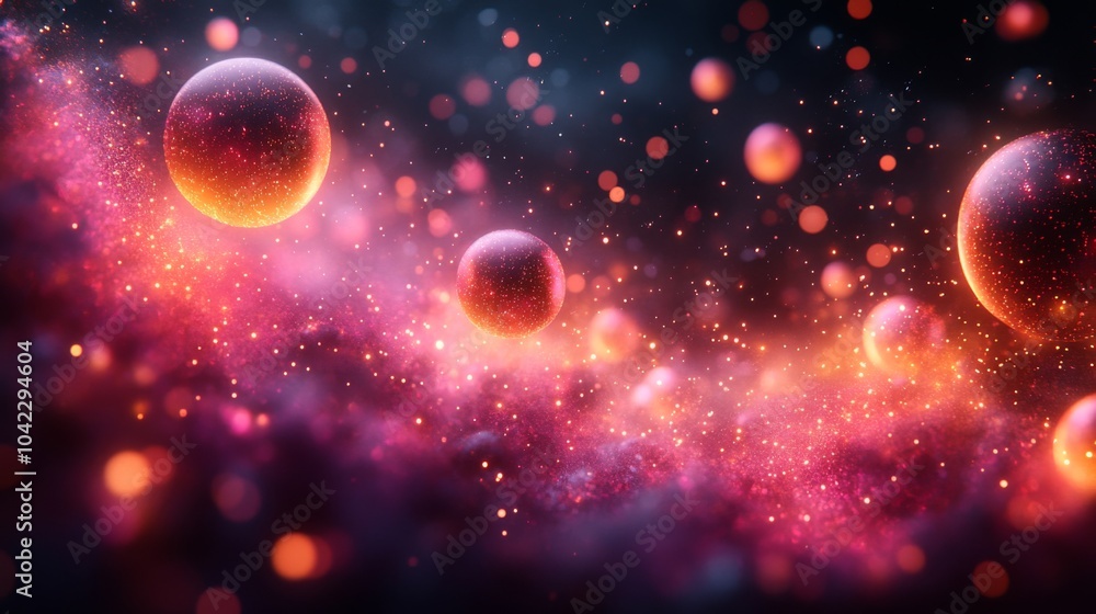 Poster Colorful cosmic orbs float through a vibrant nebula filled with sparkling particles, showcasing the beauty of deep space during an extraordinary cosmic event.