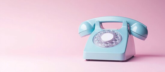 A vintage blue rotary phone on a pink background.