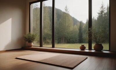 Obraz premium Yoga space with serene mountain views, yoga mats, wooden floors, and natural light