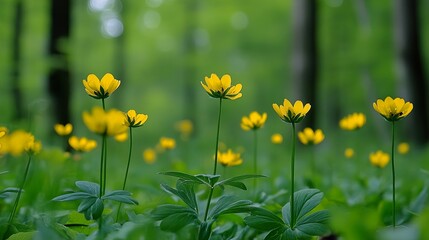 Obraz premium Vibrant Yellow Flowers Blooming in a Lush Forest