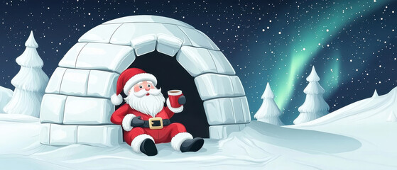 A cheerful Santa Claus sits in an igloo under a starry sky, surrounded by snow-covered trees and the shimmering northern lights.