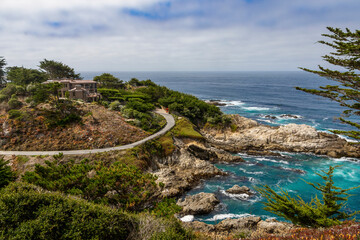 Stunning view of the Pacific Ocean from Carmel Highlands Vista Point, California, showcasing rugged...