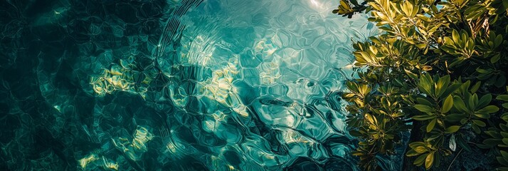 A mesmerizing view of shimmering water with ripples, surrounded by vibrant green foliage, evokes calmness.