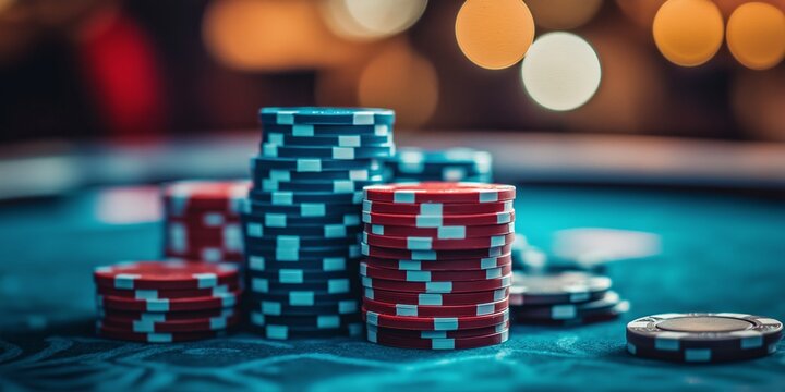 Colorful stacks of poker chips sit on a vibrant green casino table, capturing the excitement of gambling games.