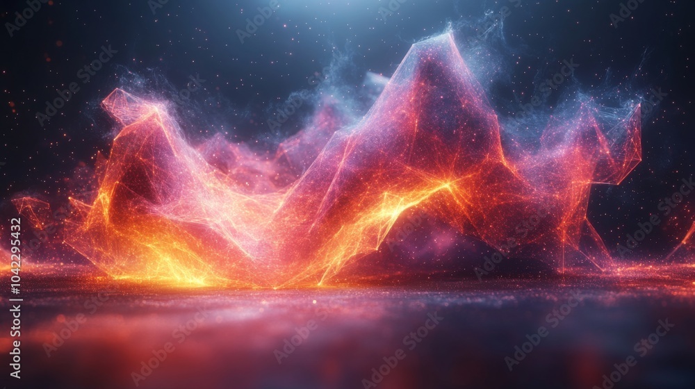Poster A mesmerizing wave-like structure emanates glowing orange and red light, set against a dark backdrop with a hint of ethereal particles floating in the air, creating a captivating visual effect.