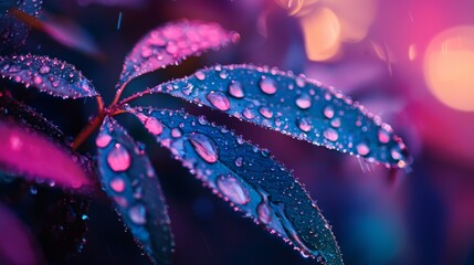 Close-up of wet leaves with water droplets under vibrant lighting