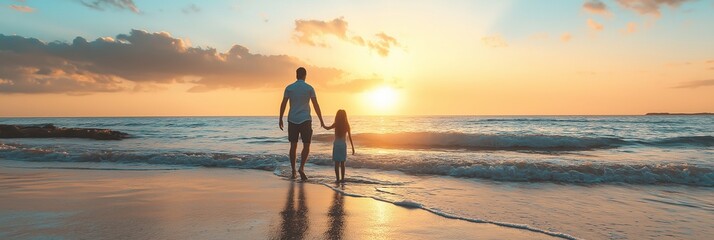 A silhouetted parent and child holding hands at the shoreline during sunset, embodying love, bonding, and serenity.
