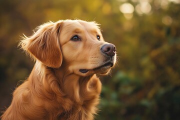 A golden retriever dog with soft fur looks attentively, surrounded by lush greenery against a blurred backdrop.