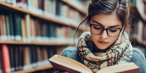 A young woman, wearing glasses, reads attentively in a warmly lit library, evoking a sense of knowledge and comfort.