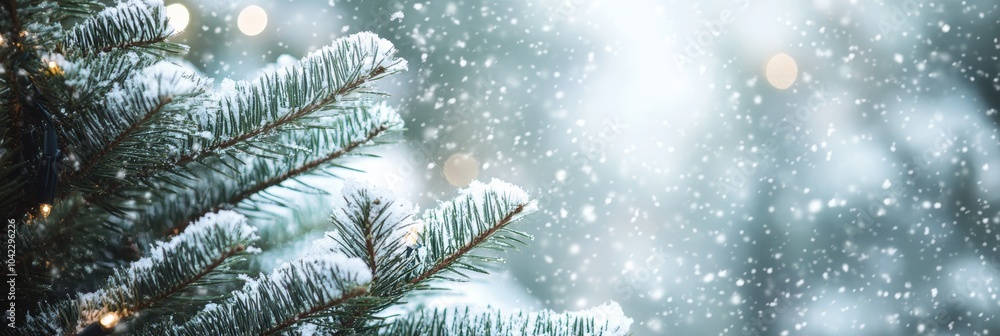 Poster snow-covered christmas tree branch with soft lights and falling snowflakes. classic holiday setting 