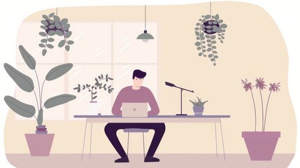 Minimalist flat illustration, man working on laptop
