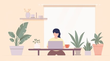 Fototapeta premium Minimalist flat illustration, man working on laptop