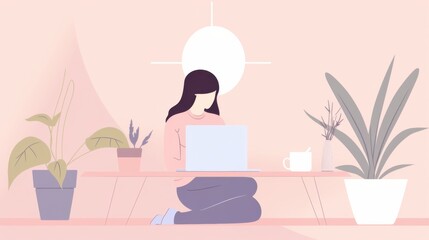 Minimalist flat illustration, man working on laptop