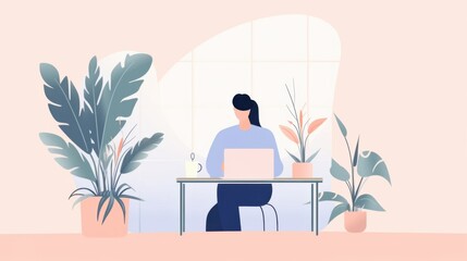 Fototapeta premium Minimalist flat illustration, man working on laptop