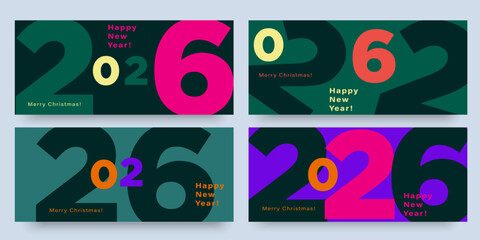 2026 Happy New Year and Merry Christmas. Set Creative Geometric Numbers 2026. Abstract Typography Background for Advertising, Web, Social Media, Banners, Covers, Poster, Card. Vector Illustration.