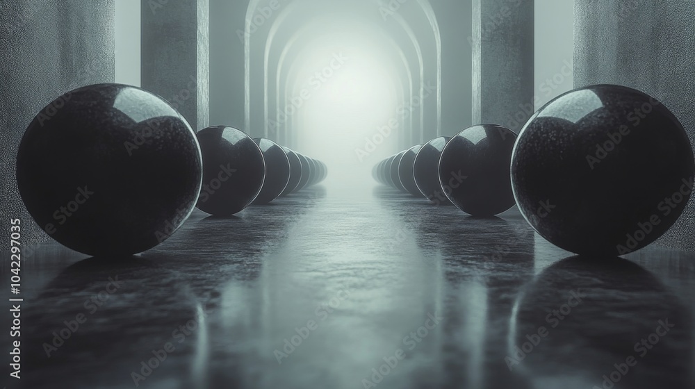 Poster Glossy black spheres line a misty corridor, creating a mesmerizing visual effect. Light pours into the space, enhancing the surreal ambiance.