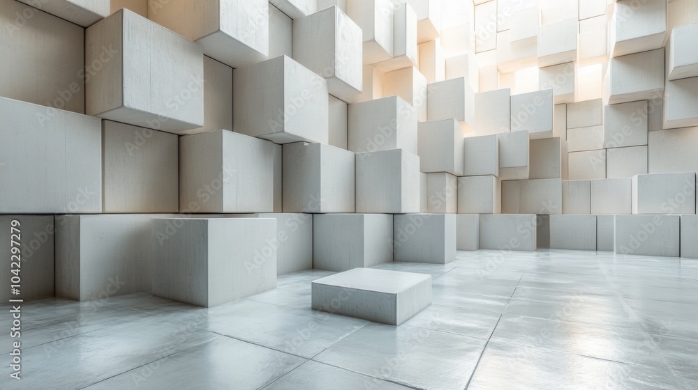 Aufkleber A unique interior space features numerous white geometric blocks arranged in a captivating pattern, illuminated by soft daylight coming through the high walls.