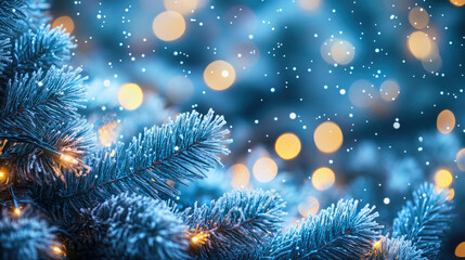 Twinkling blue and silver lights adorn frosted pine branches for a magical Christmas ambiance