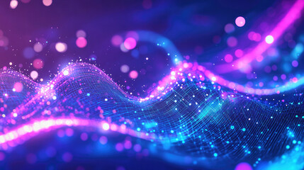 A vibrant digital composition features glowing purple and blue gradients alongside a complex data chart and line graph