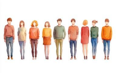 Obraz premium A watercolor drawing of a group of people, each wearing different and standing in a row on a white background Generative AI