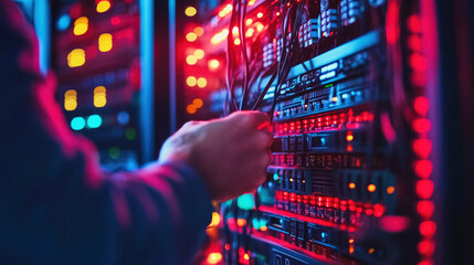 Technician connecting cables in a server rack with intricate wiring and blinking lights during data center maintenance