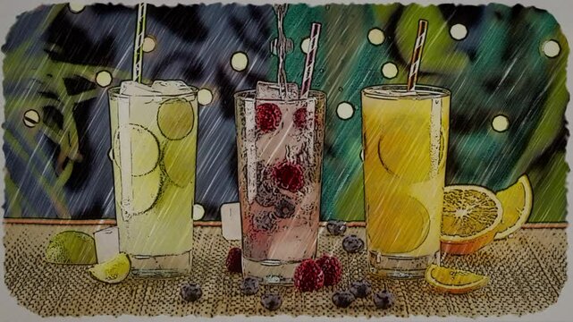 Hand Drawn Sketched Tropical Beverages Pouring and Splashing in Ice