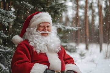 Santa Claus taking a break and enjoying a peaceful moment in a picturesque winter forest, surrounded by tall pine trees and a light dusting of snow 2