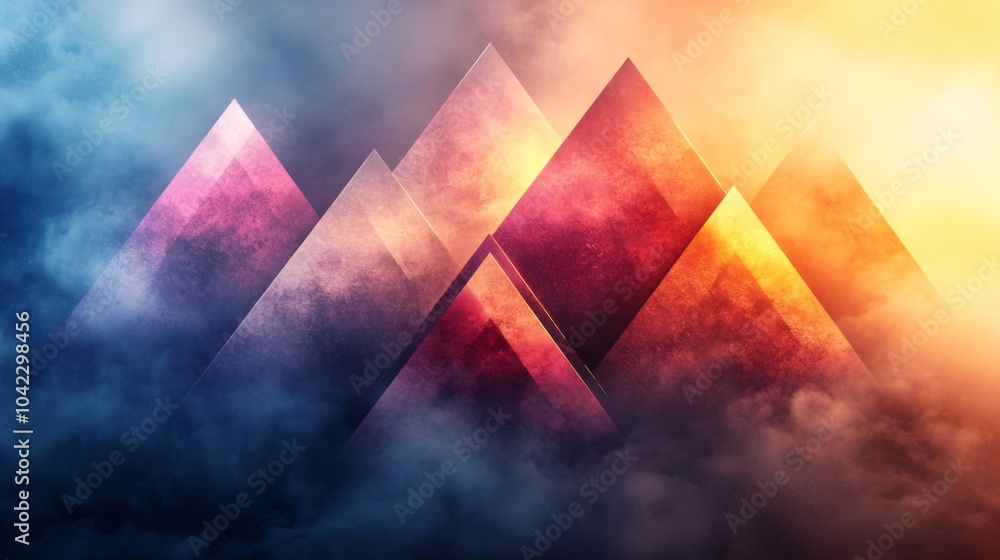 Aufkleber geometric mountain shapes rise through colorful clouds, illuminated by a dramatic sunset, creating a