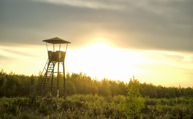 Observation tower at a military training ground. Military observation tower on sunset. Military...