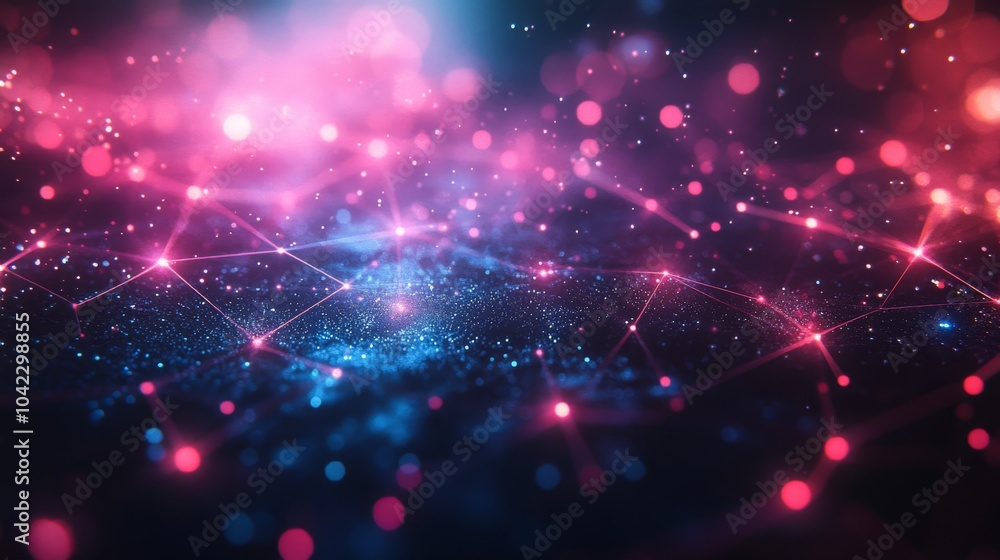 Poster A vibrant abstract design showcases a network of glowing particles and interconnected lines, creating a digital landscape with rich colors. The composition evokes a sense of depth and technology.