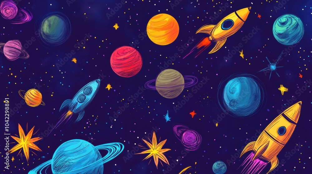 Poster dive into a fantastic universe filled with imaginative doodles of planets, rockets, stars, and aster