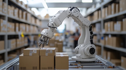 A depiction of robotic automation in modern logistics, featuring AI systems and drones for efficient warehouse management and delivery operations. Perfect for showcasing smart supply chain solutions.