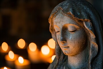 Obraz premium A weathered stone effigy of Mary amidst flickering candlelight 4