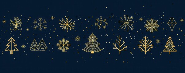Fototapeta premium Elegant holiday-themed graphic with gold christmas tree and snowflake illustrations on a dark blue background