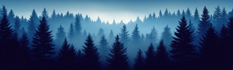 Fototapeta premium Serene landscape of evergreen forest in misty twilight showcasing tranquil beauty of coniferous trees and atmospheric fog