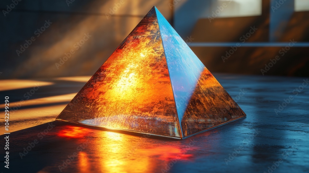 Poster bright sunlight filters through a window, illuminating a translucent glass pyramid on the surface. t