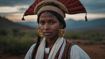 Woman in Traditional Attire with Vibrant Headpiece