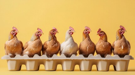Whimsical composition of chickens seated in an egg carton against yellow background