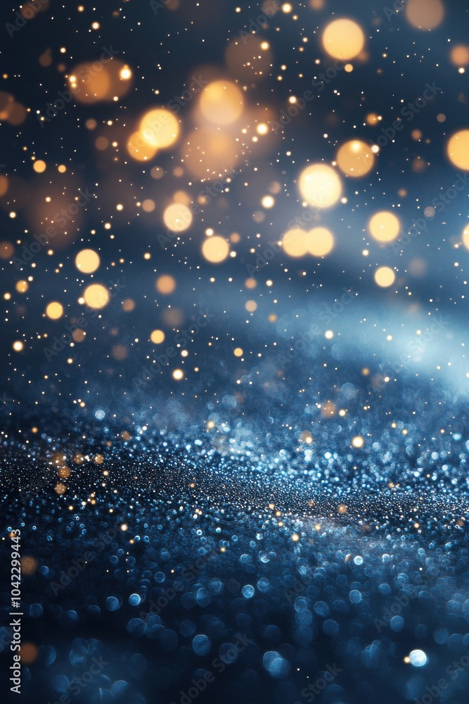 Poster abstract background with glowing glitter and stars in a magical dark blue setting filled with shimme