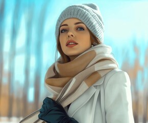 woman in white coat and printed brown and white winter scarf, wearing a hat, is posing in nature. Winter clothes collection